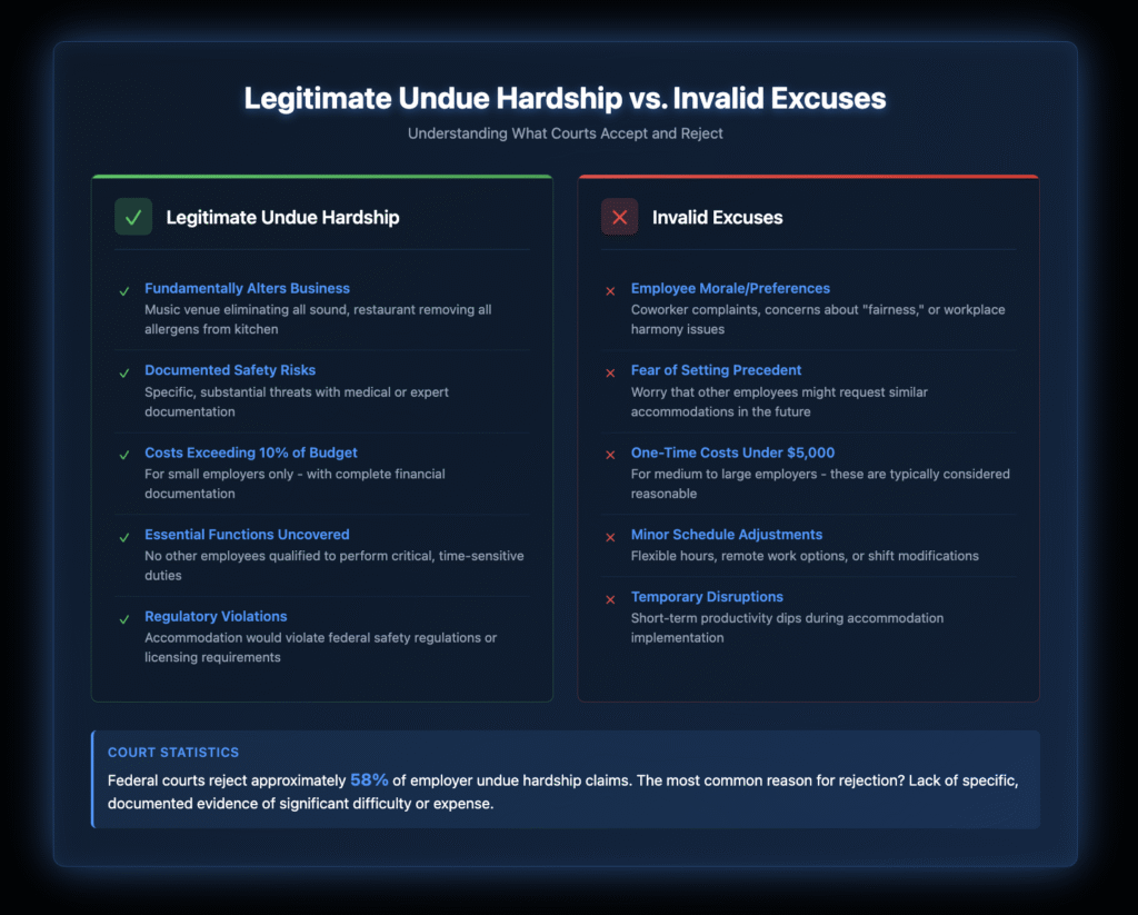 Side-by-side comparison chart showing five examples of legitimate undue hardship claims (fundamentally altering business, documented safety risks, costs exceeding 10% of budget, essential functions uncovered, regulatory violations) versus five invalid excuses (employee morale, fear of precedent, minor costs, schedule adjustments, temporary disruptions).
