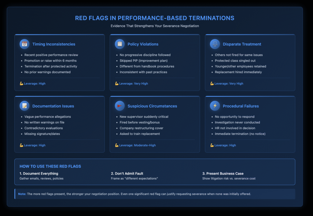 Grid showing six categories of red flags in performance-based terminations that strengthen severance negotiation leverage, including timing issues, policy violations, and suspicious circumstances.