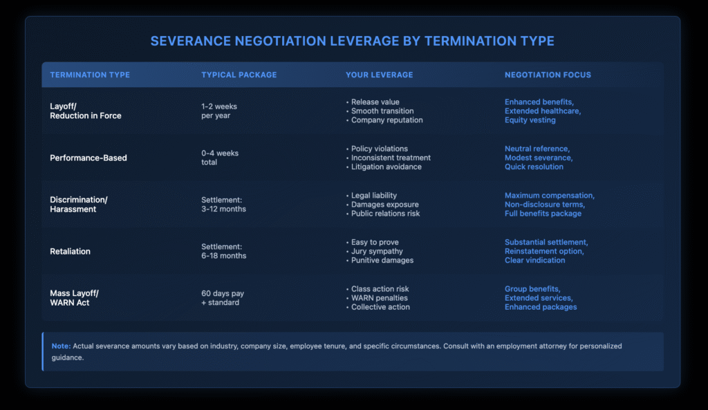 Table comparing severance negotiation leverage across five termination scenarios: layoffs, performance-based, discrimination, retaliation, and mass layoffs, showing typical packages and negotiation strategies.