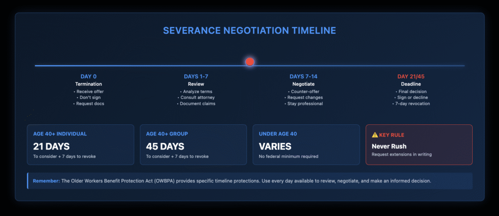 Horizontal timeline showing severance negotiation process from Day 0 through deadline, with critical OWBPA deadlines for different age groups.
