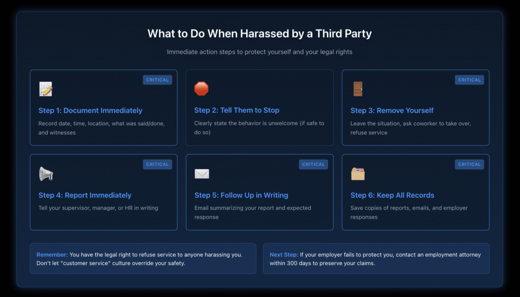 Six-step action guide for employees experiencing third-party harassment, including document immediately, tell them to stop, remove yourself from situation, report immediately, follow up in writing, and keep all records, with critical steps highlighted.