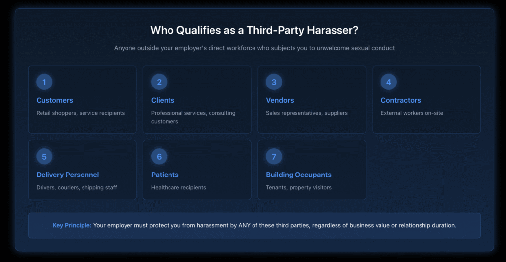 Diagram showing seven types of third-party harassers including customers, clients, vendors, contractors, delivery personnel, patients, and building occupants, each with descriptions on a dark blue gradient background.
