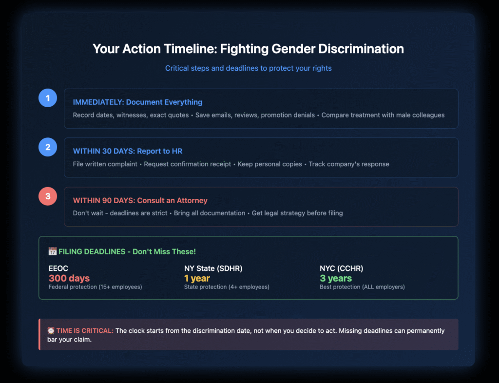 Timeline showing 3 critical steps for documenting gender discrimination and filing deadlines: EEOC (300 days), NY State (1 year), NYC (3 years).