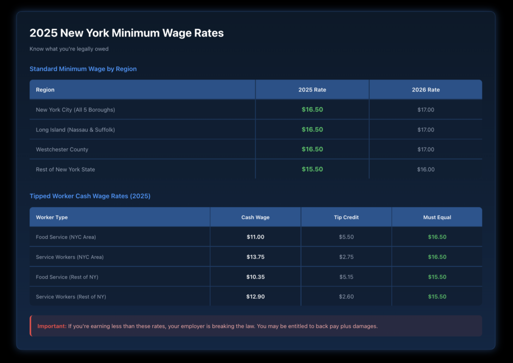 Table showing 2025 minimum wage rates by region, including NYC, Long Island, Westchester at $16.5,0, and the rest of NY at $15.50.