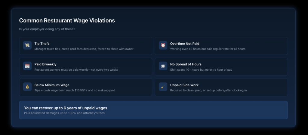 Checklist showing common wage violations in NYC restaurants including tip theft, overtime miscalculation, no spread of hours pay, biweekly pay, and illegal deductions.