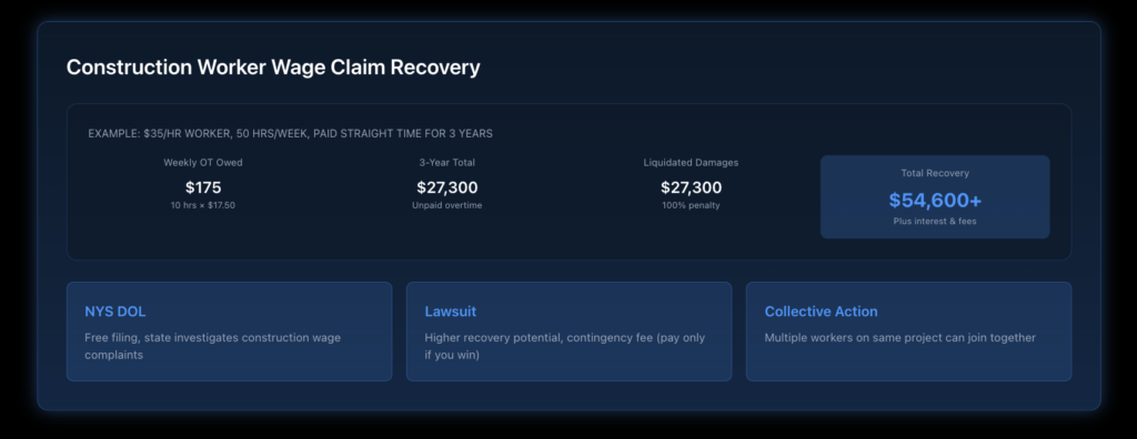 Timeline showing the process for construction workers to file and recover unpaid wages from documentation through resolution.