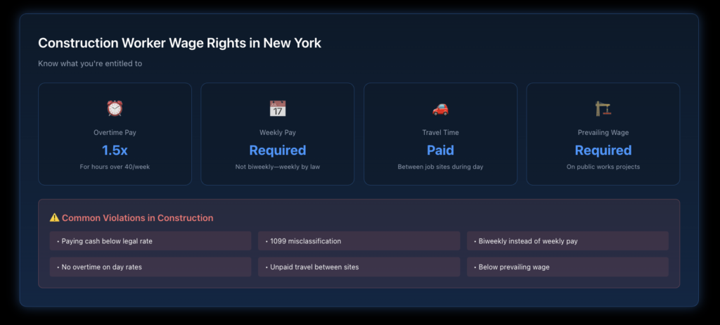 Infographic showing key wage rights for NY construction workers including overtime rate, weekly pay requirement, and common violations.