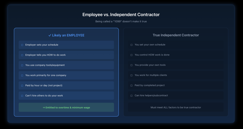 Checklist showing factors that indicate employee status versus independent contractor status for construction workers.