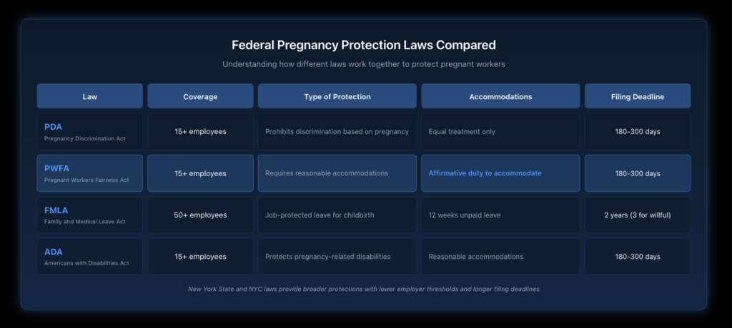 Comparison table showing the differences between PDA, PWFA, FMLA, and ADA protections, including employer coverage thresholds, types of protection offered, and filing deadlines.