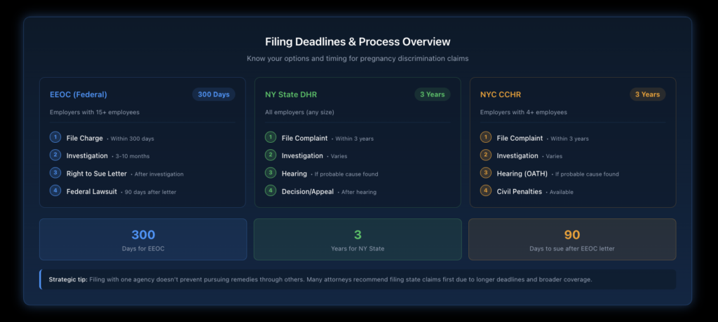 Timeline infographic showing the key deadlines and steps for filing pregnancy discrimination claims at federal EEOC, New York State Division of Human Rights, and NYC Commission on Human Rights levels, including days to file and expected process duration.