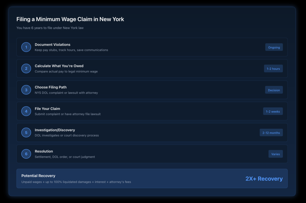 Timeline showing process from documenting violations through filing with DOL or court to receiving back wages and penalties.