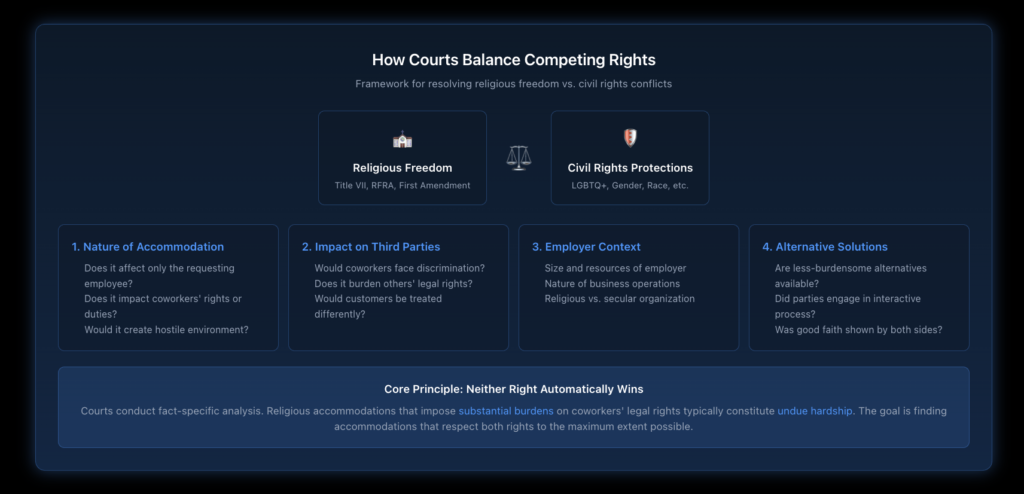 Visual framework showing how courts balance religious freedom and other protected rights, with factors including nature of accommodation requested, impact on other employees, employer type and size, and availability of alternatives.