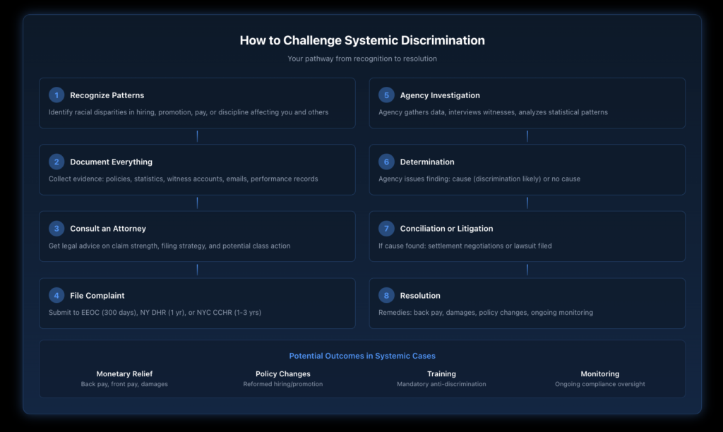 Flowchart showing the step-by-step legal process for challenging systemic racism from initial recognition through agency filing, investigation, and potential litigation outcomes.