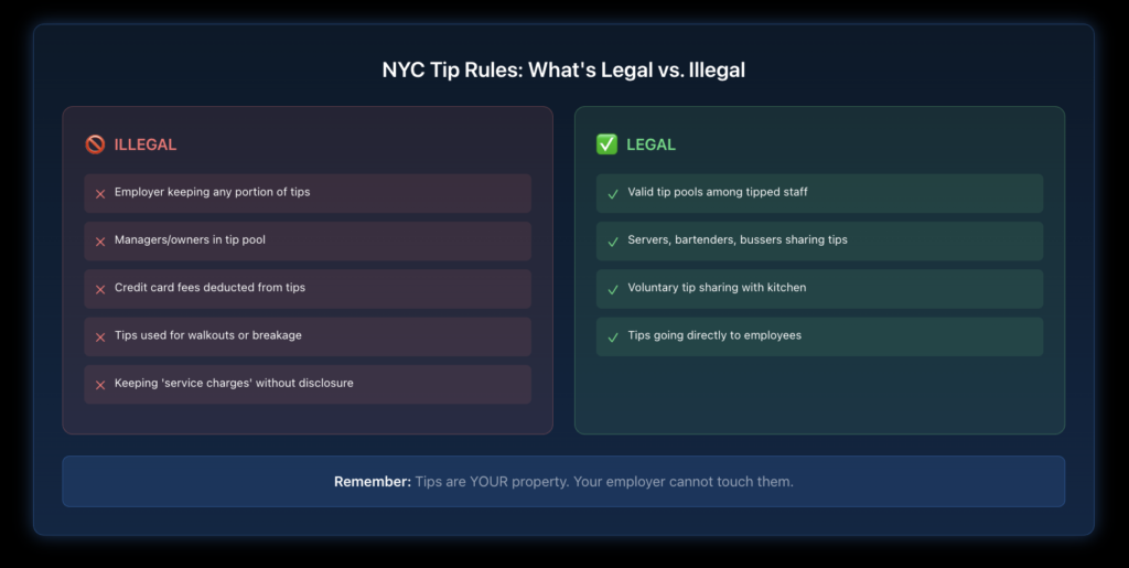Infographic showing what employers can and cannot do with tips, including illegal practices like tip theft and legal practices like valid tip pools.