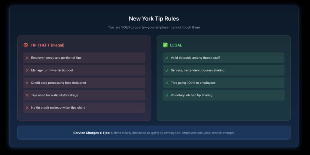 Infographic showing what employers can and cannot do with tips under New York law, including illegal practices and legal tip pool requirements.