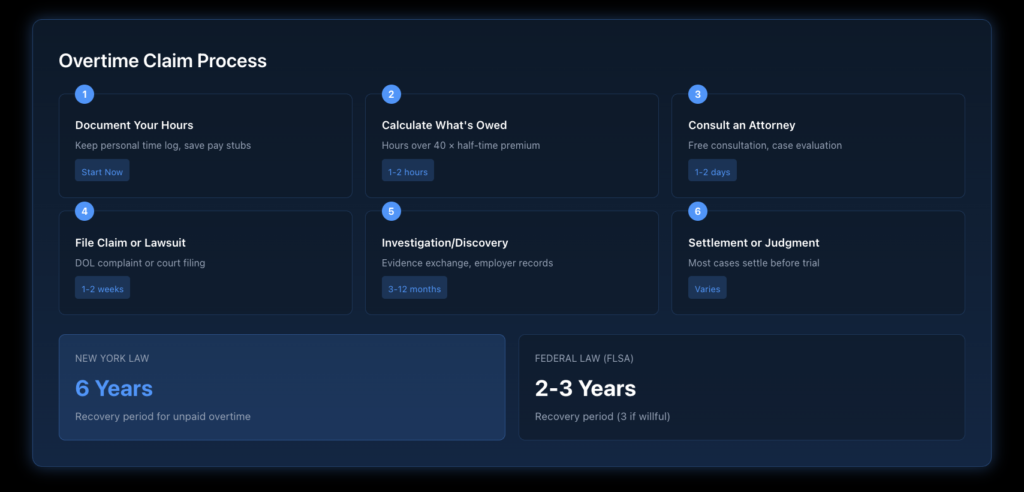 Timeline showing steps from documenting violations through filing complaint to receiving back wages and damages.