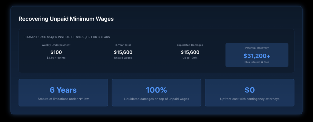 Timeline showing the process from documenting violations through filing to receiving back pay and damages with typical timeframes.