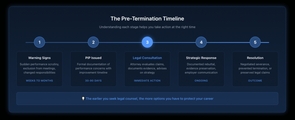 Timeline showing the stages from initial warning signs through PIP placement, legal consultation, and potential outcomes including negotiated severance or litigation.