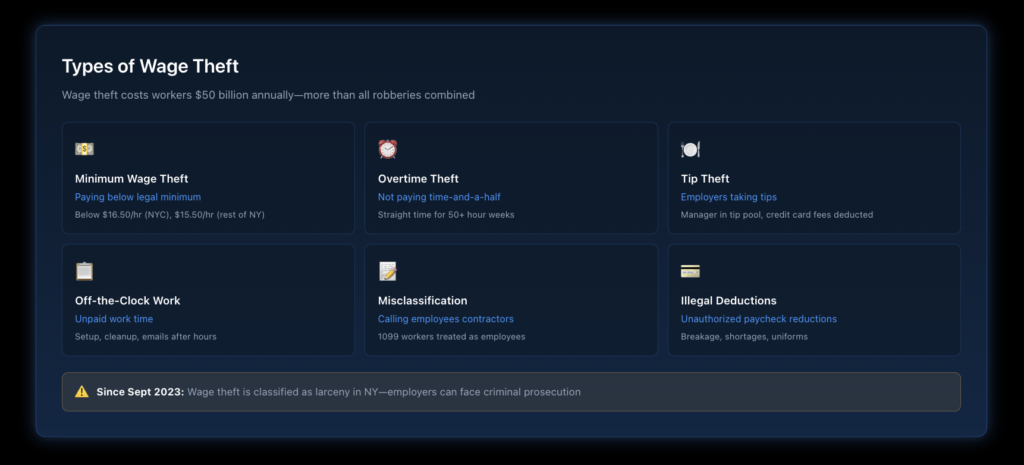 Infographic showing six main types of wage theft including unpaid overtime, minimum wage violations, tip theft, illegal deductions, time manipulation, and misclassification.