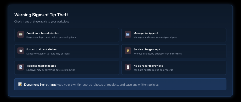 Checklist showing warning signs of tip theft including management in tip pool, credit card fee deductions, tips not reaching minimum wage with no makeup, and unclear service charge policies.