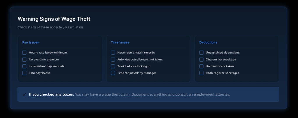 Checklist showing warning signs that may indicate wage theft including inconsistent pay, time record issues, pressure to work off clock, and deductions you didn't authorize.