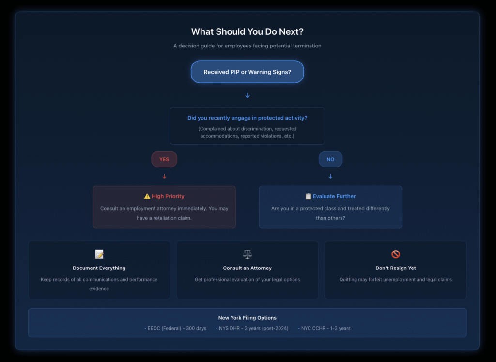 Flowchart guiding employees through decision points including whether to consult an attorney, how to respond to PIPs, and available legal pathways in New York.