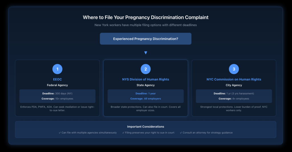 Decision flowchart guiding employees through the process of filing a pregnancy discrimination complaint, showing options between EEOC, NY State Division of Human Rights, and NYC Commission on Human Rights with associated deadlines and coverage requirements.