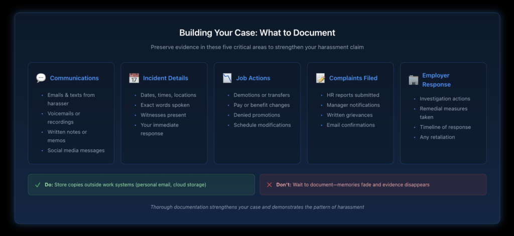 Visual guide showing five categories of evidence employees should preserve, including communications, dates/witnesses, job actions, complaints filed, and employer responses.