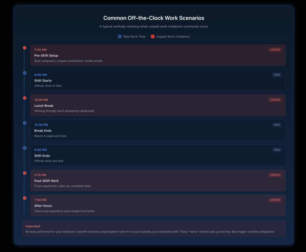Visual timeline showing a typical workday with highlighted areas where off-the-clock work commonly occurs, including pre-shift setup, lunch break work, and post-shift completion activities.