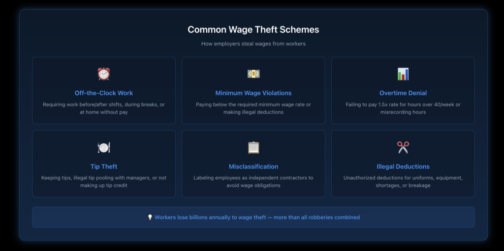 Infographic displaying six common wage theft schemes, including off-the-clock work, minimum wage violations, overtime denial, tip theft, misclassification, and illegal deductions, with icons and brief descriptions for each.