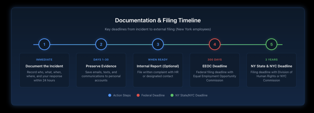 Visual timeline showing the progression from incident documentation through internal reporting to external filing deadlines under federal, state, and NYC law.