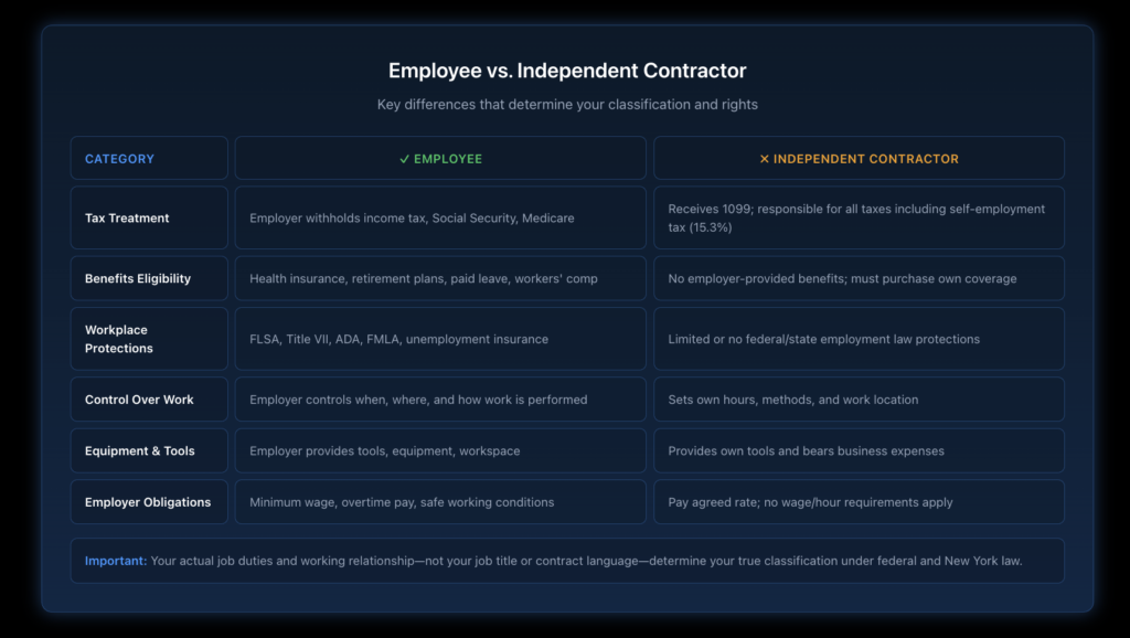 Side-by-side comparison table showing key differences between employees and independent contractors across six categories, including tax treatment, benefits eligibility, workplace protections, control over work methods, equipment provision, and employer obligations under federal and New York law.