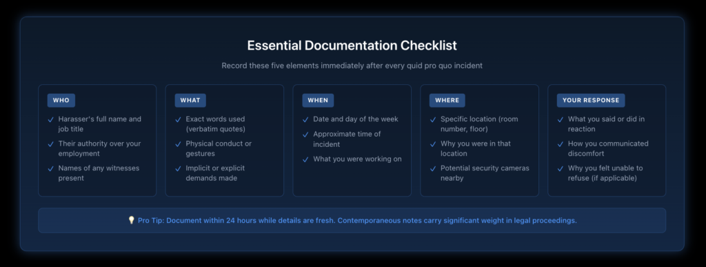 Comprehensive checklist showing the five critical elements to document in every quid pro quo incident, including who, what, when, where, and witnesses.
