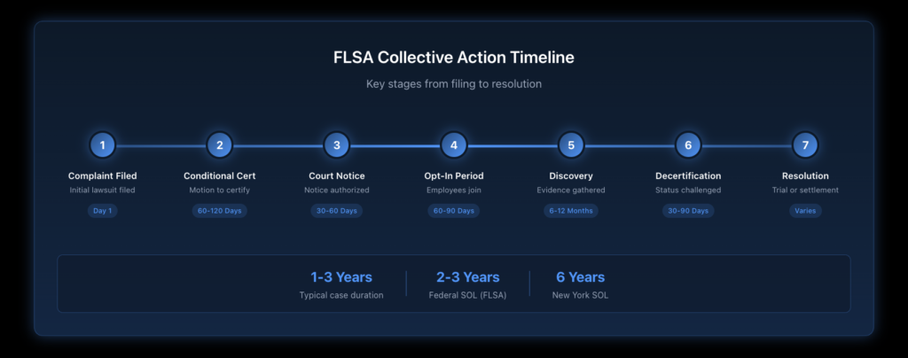 Horizontal timeline showing the seven stages of an FLSA collective action from initial complaint filing through resolution, including conditional certification motion, court-authorized notice period, opt-in window, discovery phase, decertification motion, and trial or settlement.