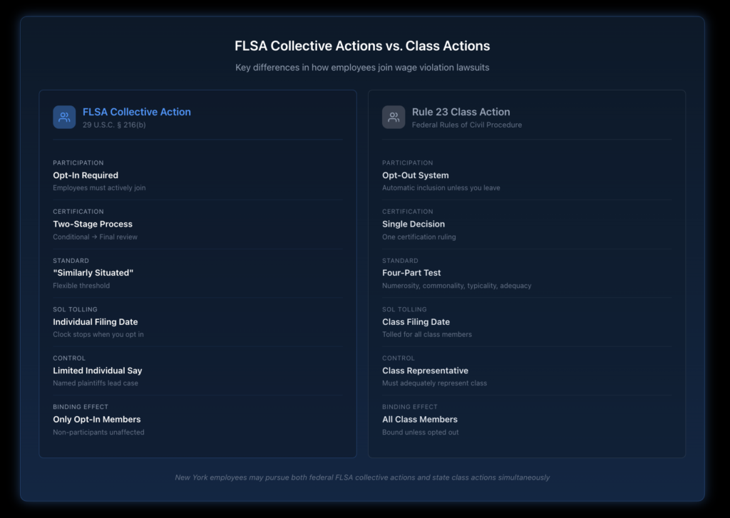 Side-by-side comparison table showing key differences between FLSA Section 216(b) collective actions and Rule 23 class actions, including participation requirements, certification standards, statute of limitations tolling, and representative control over litigation.