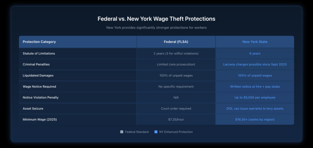 Side-by-side comparison table showing key differences between federal FLSA protections and stronger New York State and NYC wage theft laws, including filing deadlines, damages available, and criminal penalties.