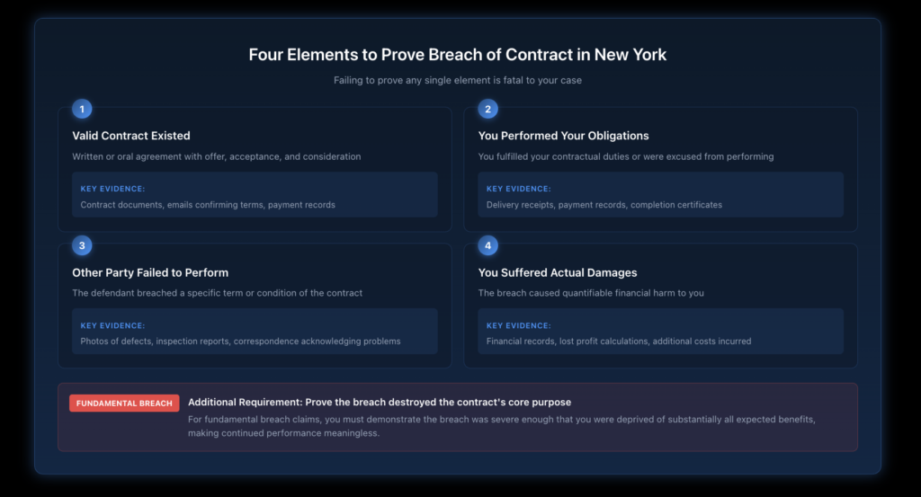 Diagram showing the four elements required to prove a breach of contract claim in New York: valid contract, plaintiff performance, defendant failure, and resulting damages, with evidence examples for each element.