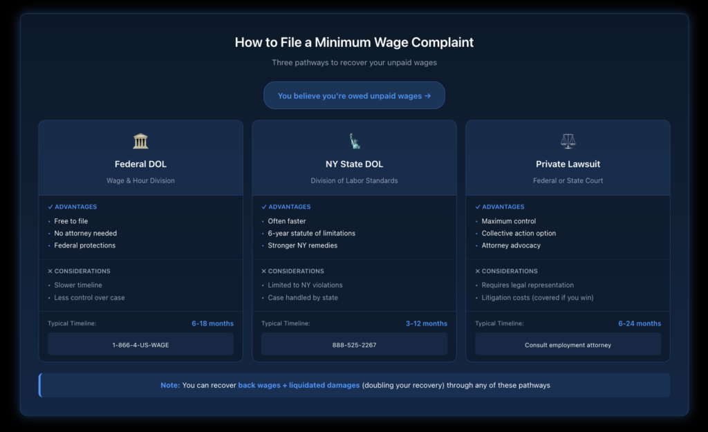 Decision tree flowchart showing three pathways for filing minimum wage complaints: Federal DOL (Wage and Hour Division), New York State DOL, or Private Lawsuit, with key considerations for each option including pros, cons, and timeline expectations.