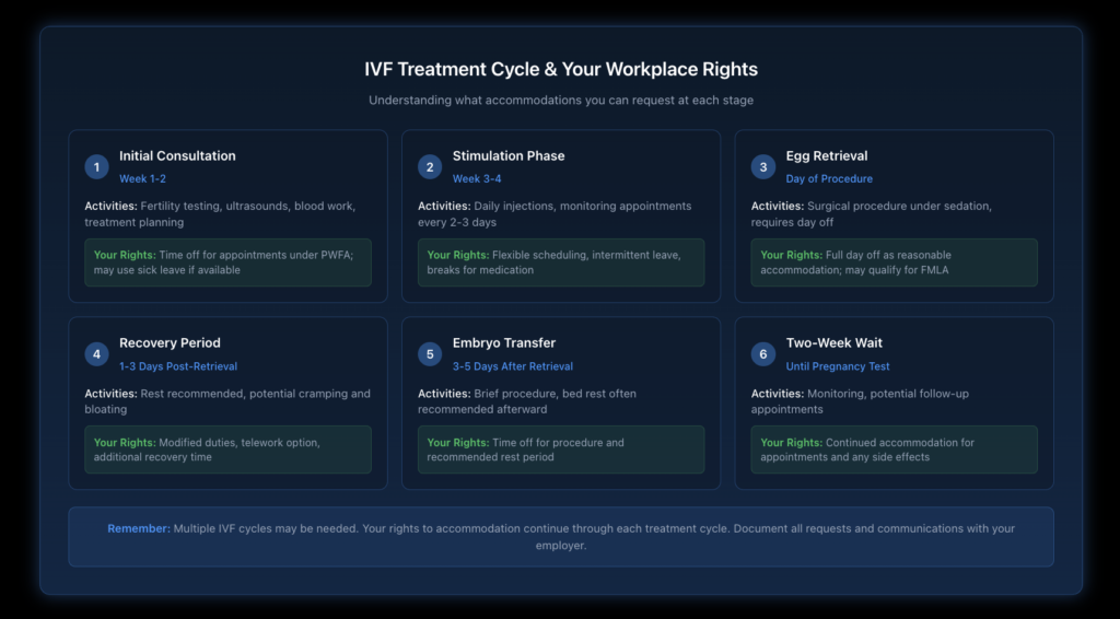 Visual timeline showing a typical IVF treatment cycle alongside corresponding workplace rights and accommodation options at each stage, from initial consultations and monitoring through egg retrieval, embryo transfer, and recovery.