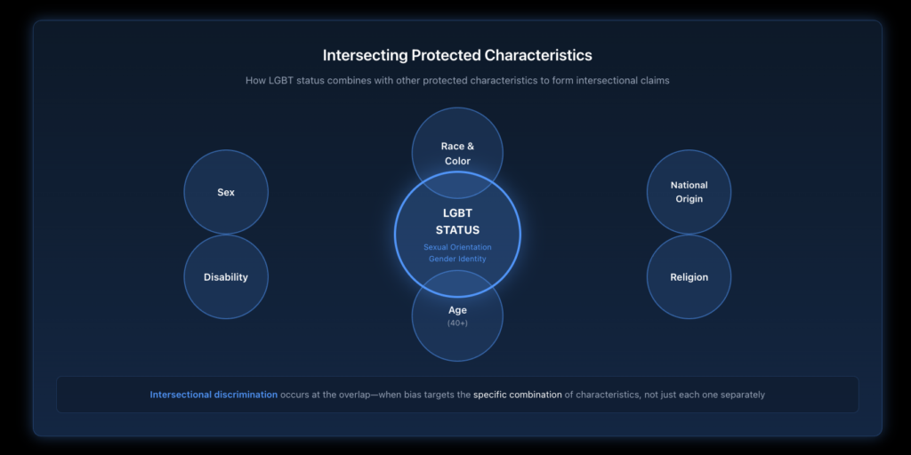 Venn diagram showing how LGBT identity overlaps with other protected characteristics, including race, disability, age, religion, and national origin, to create intersectional discrimination claims.