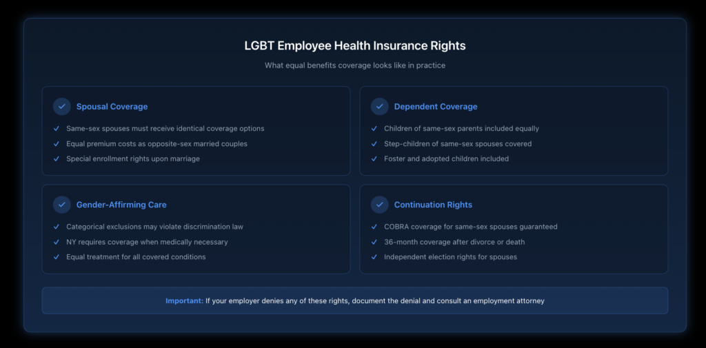 Checklist showing specific health insurance rights, including spousal coverage, dependent coverage, gender-affirming care, and equal premium treatment.