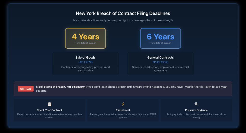 Timeline infographic showing New York statute of limitations for breach of contract: 4 years for sale of goods contracts and 6 years for general contracts, with important notes about when the clock starts.