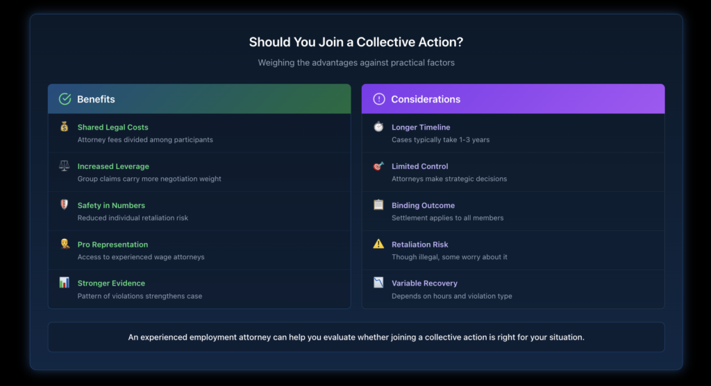 Two-column infographic comparing the benefits of joining FLSA collective actions, such as shared legal costs, increased leverage, and professional representation against practical considerations including longer timelines, limited control over strategy, and potential retaliation concerns.
