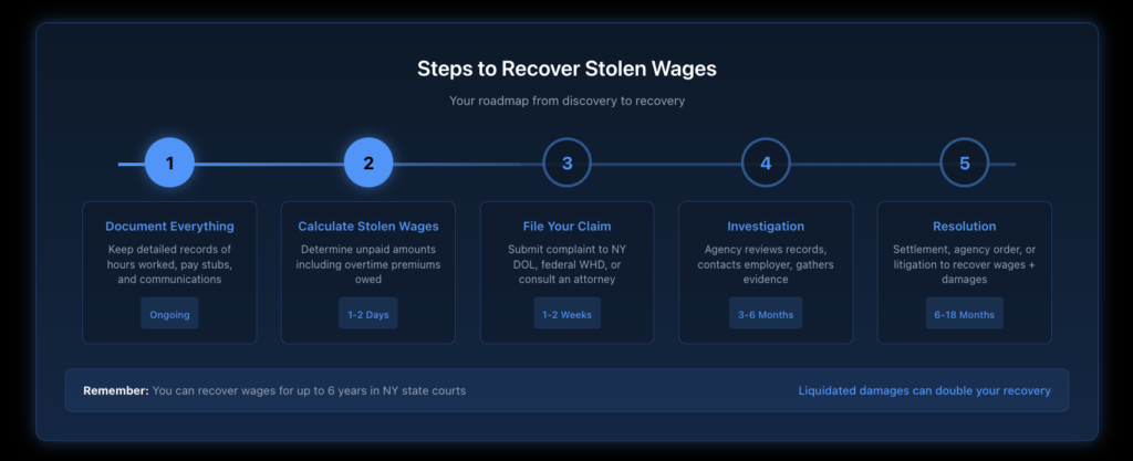 Step-by-step timeline showing the wage theft recovery process from initial documentation through filing a claim, investigation, and resolution, with estimated timeframes for each stage.