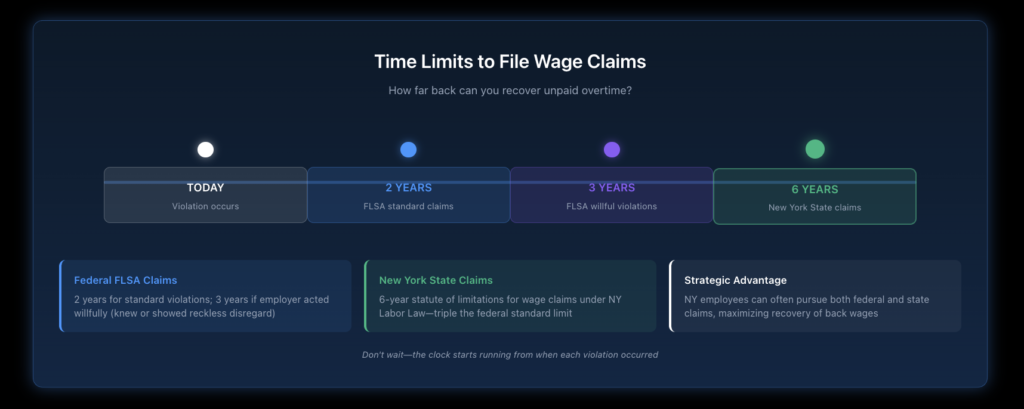 Horizontal timeline showing the different statutes of limitations for wage claims under federal FLSA (2-3 years) versus New York State law (6 years).