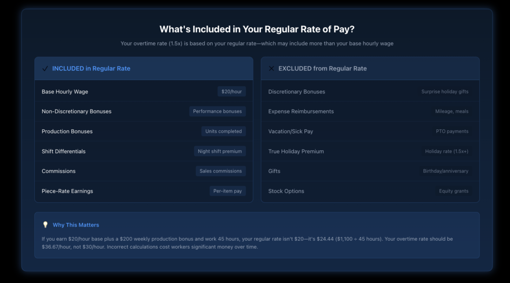 Table comparing what is included versus excluded in the regular rate of pay calculation, showing bonuses, commissions, and shift differentials as included items.