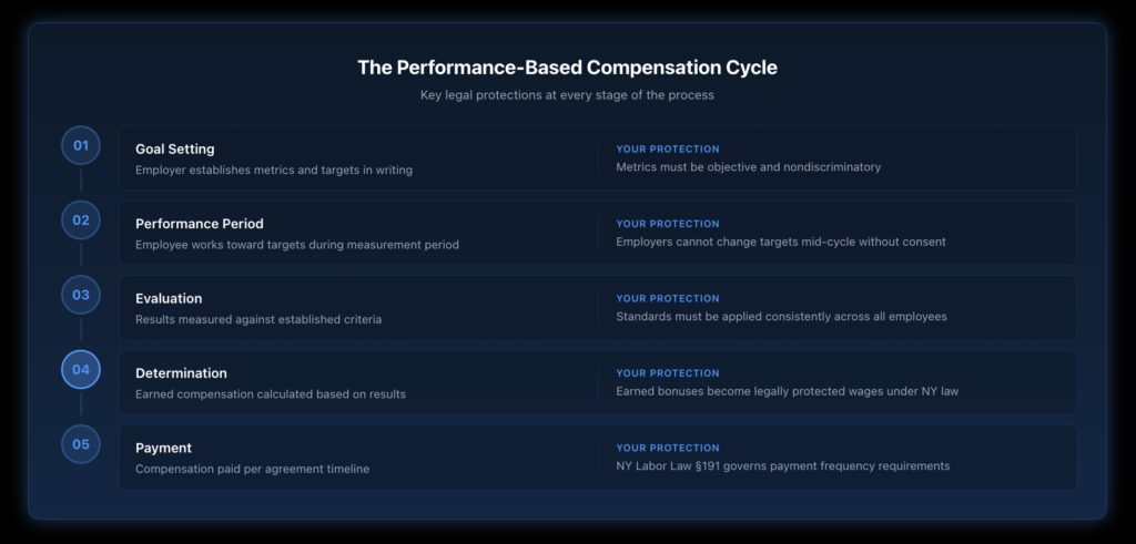 Process diagram illustrating the five stages of a performance-based compensation cycle from goal setting to payment, including metric establishment, performance period, evaluation, determination of earned compensation, and payment timeline with key legal protections noted at each stage.