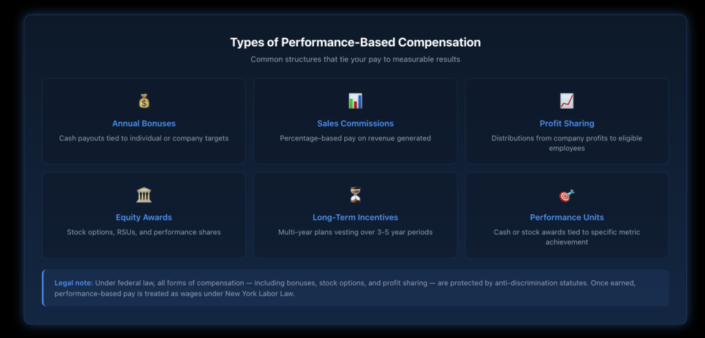 Infographic showing six types of performance-based compensation structures, including annual bonuses, sales commissions, profit sharing, equity awards, long-term incentive plans, and performance units, with brief descriptions of how each type works and connects to measurable outcomes.