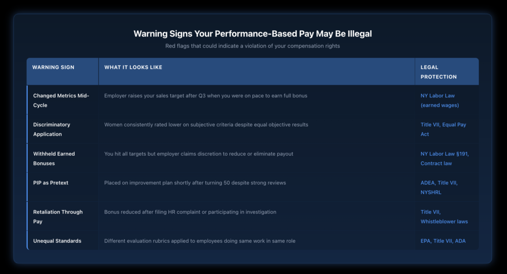 Comparison table showing six warning signs that performance-based compensation may be illegal, with columns for the warning sign, what it looks like in practice, and which legal protections apply, covering topics like changed metrics, discriminatory application, withheld bonuses, PIP pretexts, retaliation through pay, and unequal standards.