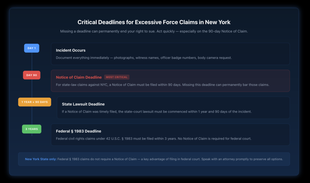 Filing deadlines timeline for excessive force claims in New York: Notice of Claim must be filed within 90 days for state claims against NYC; state lawsuit within 1 year and 90 days; federal Section 1983 claims within 3 years with no Notice of Claim required.